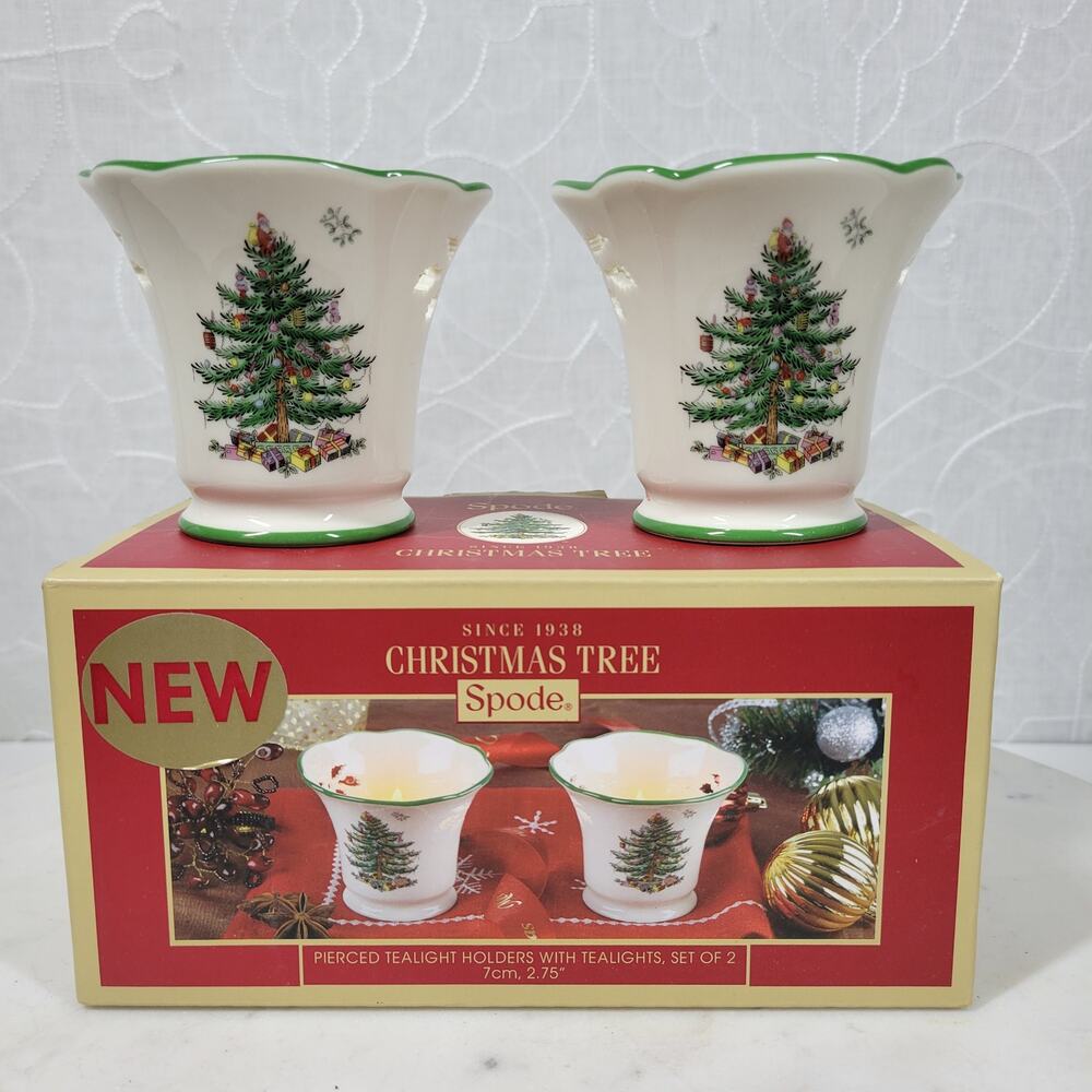 Spode Set of 2 Ceramic Christmas Tree Pierced Tea‎ Light Holder with Tea Lights